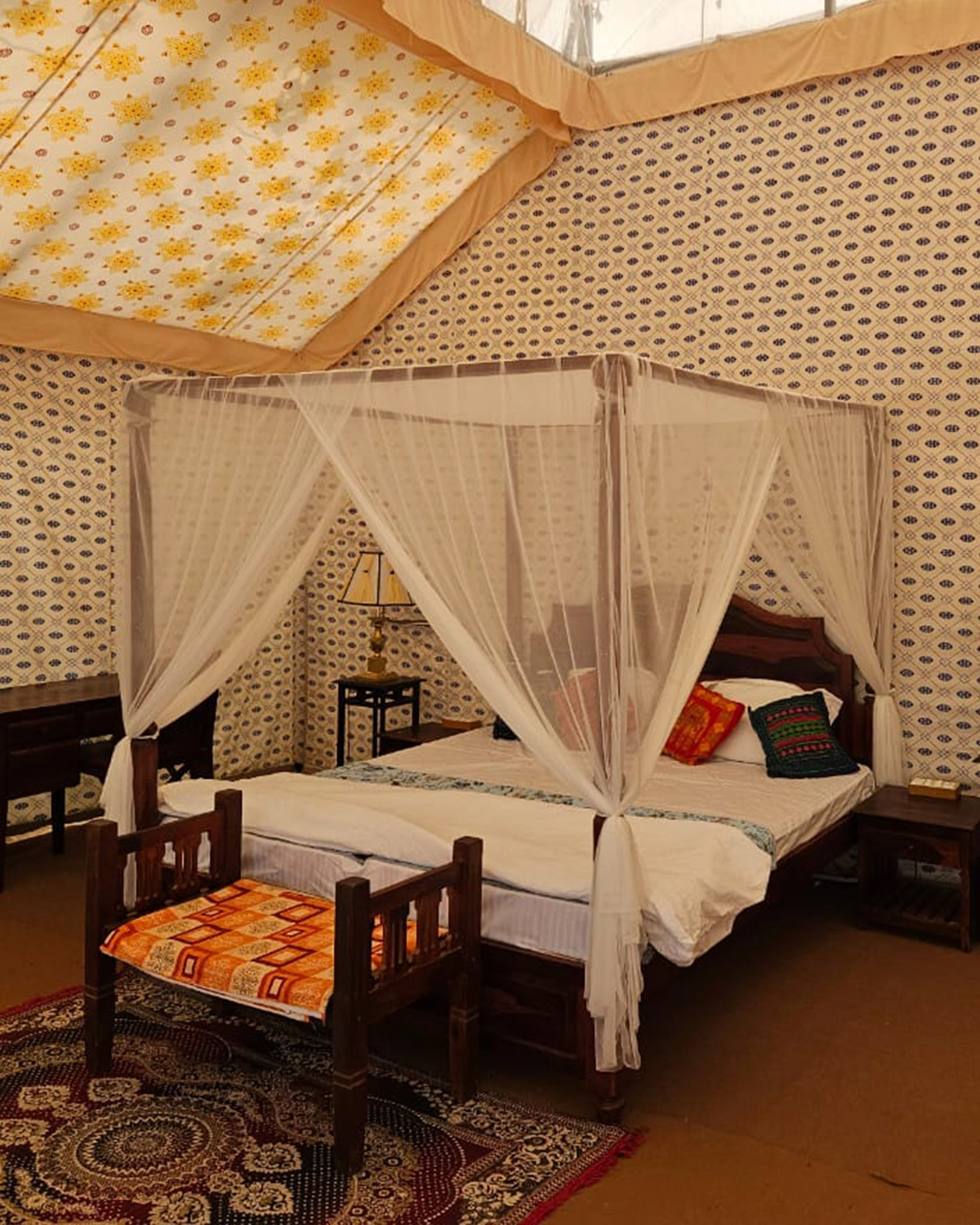 Deluxe non-AC tent with traditional Rajasthani interiors