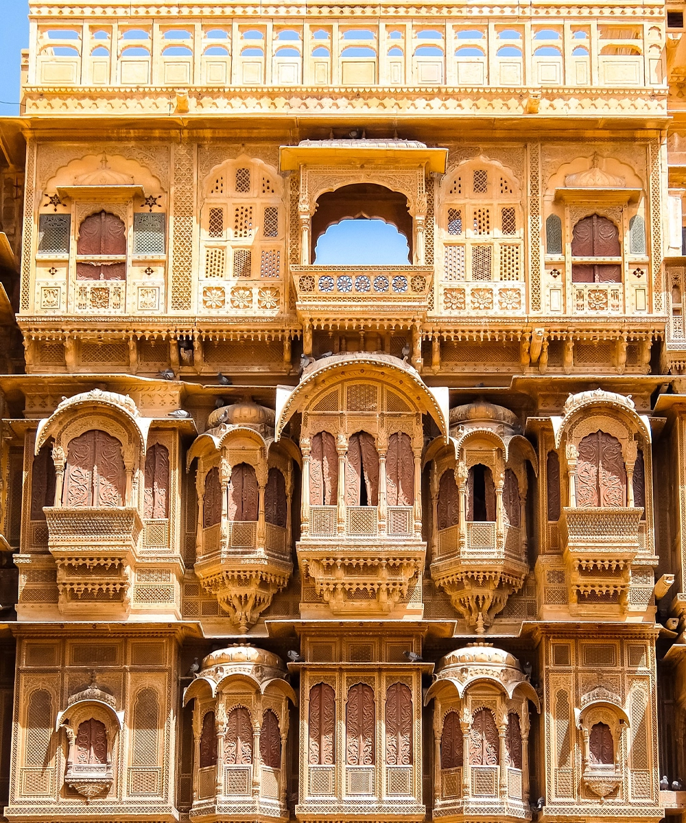 Intricately carved facade of Patwon Ki Haveli